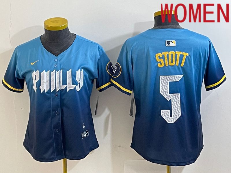 Women Philadelphia Phillies #5 Stott Blue City Edition Nike 2024 MLB Jersey style 1->women mlb jersey->Women Jersey